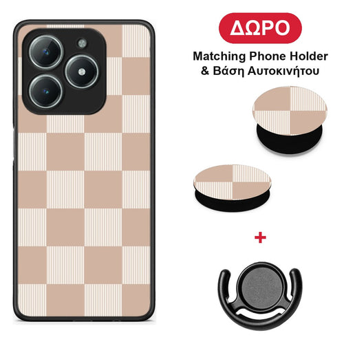 Latte and Cream Striped Checks - Realme C63 4G θήκη + Δώρο Phone Holder & Βάση Αυτοκινήτου