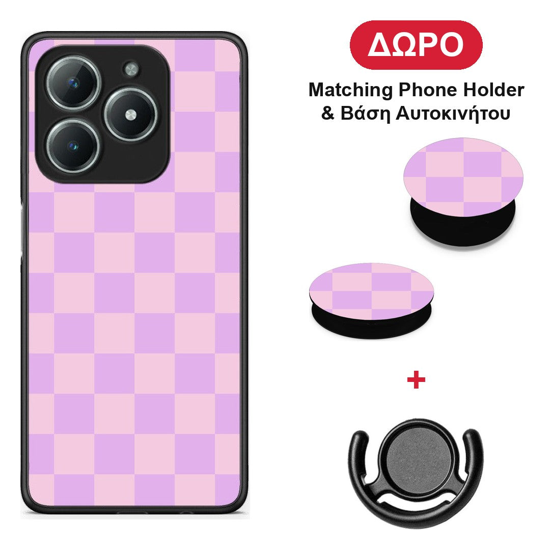 Lavender and Pink Checkerboard - Realme C63 4G θήκη + Δώρο Phone Holder & Βάση Αυτοκινήτου
