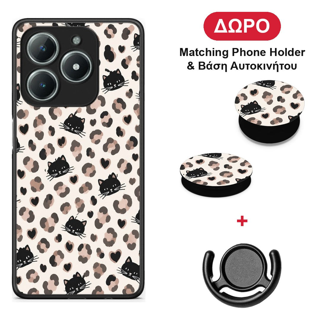 Leopard Spots and Black Cats on Cream - Realme C63 4G θήκη + Δώρο Phone Holder & Βάση Αυτοκινήτου