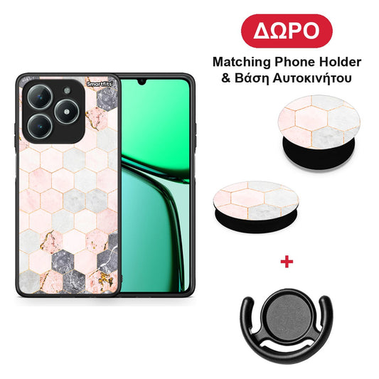 Marble Hexagon Pink - Realme C63 4G θήκη + Δώρο Phone Holder & Βάση Αυτοκινήτου