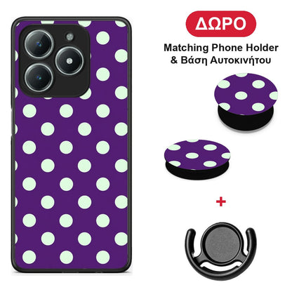 Mint Polka Dots on Purple - Realme C63 4G θήκη + Δώρο Phone Holder & Βάση Αυτοκινήτου