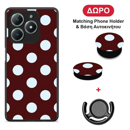 Pale Blue Large Polka Dots on Burgundy - Realme C63 4G θήκη + Δώρο Phone Holder & Βάση Αυτοκινήτου