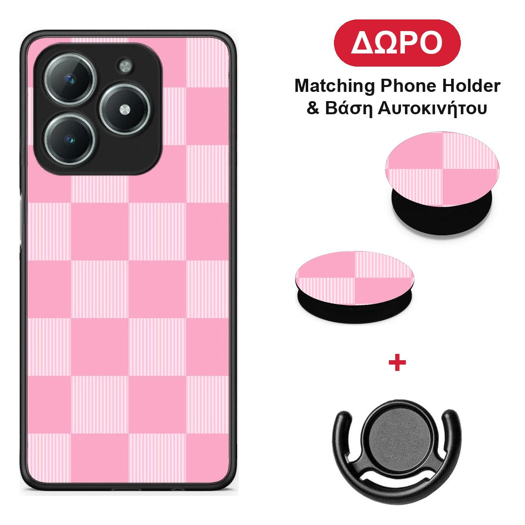 Pink and White Striped Checks - Realme C63 4G θήκη + Δώρο Phone Holder & Βάση Αυτοκινήτου
