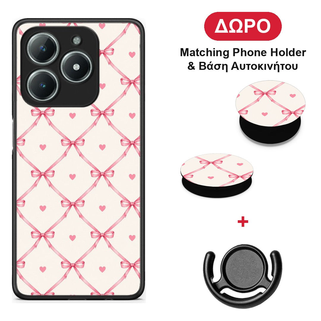 Pink Bow Lattice and Hearts on Cream - Realme C63 4G θήκη + Δώρο Phone Holder & Βάση Αυτοκινήτου