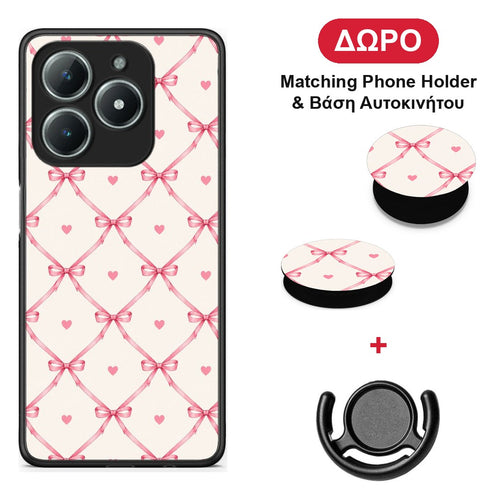 Pink Bow Lattice and Hearts on Cream - Realme C63 4G θήκη + Δώρο Phone Holder & Βάση Αυτοκινήτου
