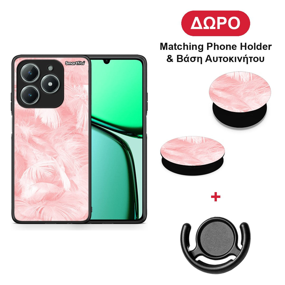 Boho Pink Feather - Realme C63 4G θήκη + Δώρο Phone Holder & Βάση Αυτοκινήτου