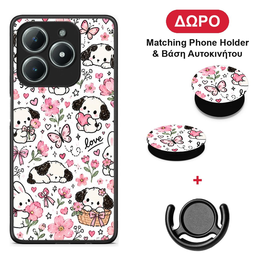 Pink Florals Puppies and Bunnies on White - Realme C63 4G θήκη + Δώρο Phone Holder & Βάση Αυτοκινήτου
