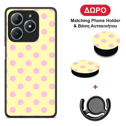 Pink Polka Dots on Yellow - Realme C63 4G θήκη + Δώρο Phone Holder & Βάση Αυτοκινήτου