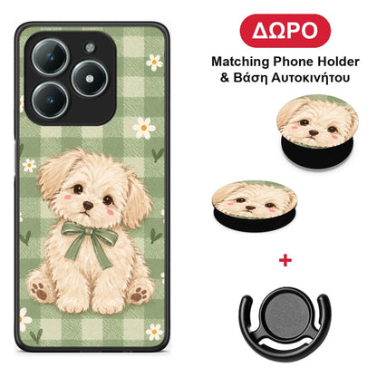 Puppy and Daisies on Sage Gingham - Realme C63 4G θήκη + Δώρο Phone Holder & Βάση Αυτοκινήτου