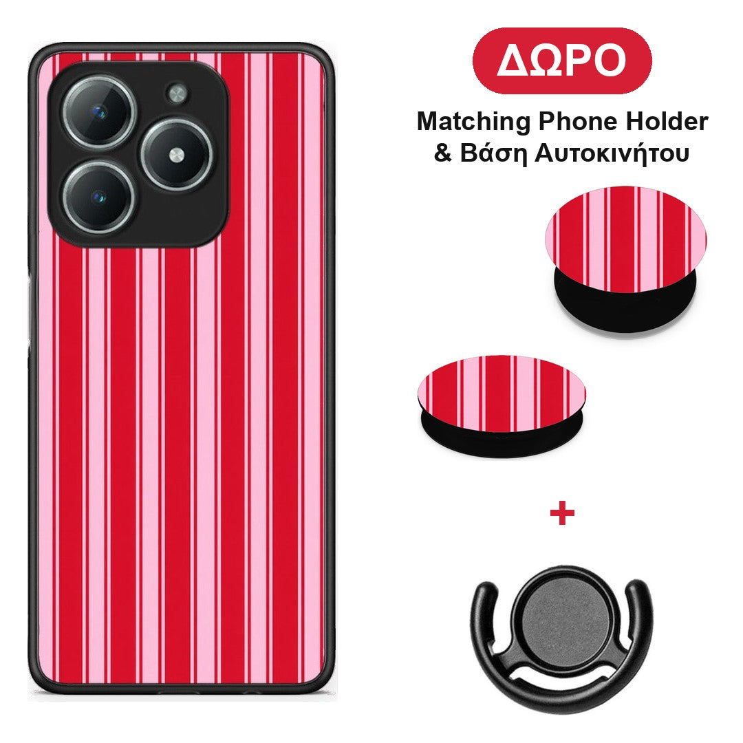 Red and Pink Vertical Pinstripes - Realme C63 4G θήκη + Δώρο Phone Holder & Βάση Αυτοκινήτου