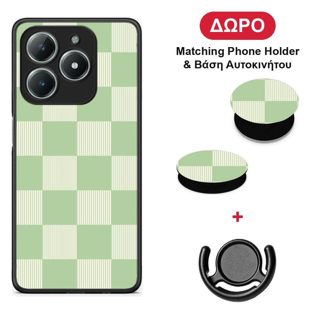 Sage and Cream Striped Checks - Realme C63 4G θήκη + Δώρο Phone Holder & Βάση Αυτοκινήτου