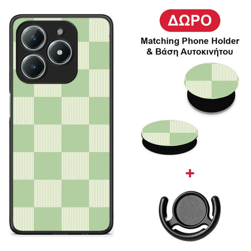 Sage and Cream Striped Checks - Realme C63 4G θήκη + Δώρο Phone Holder & Βάση Αυτοκινήτου