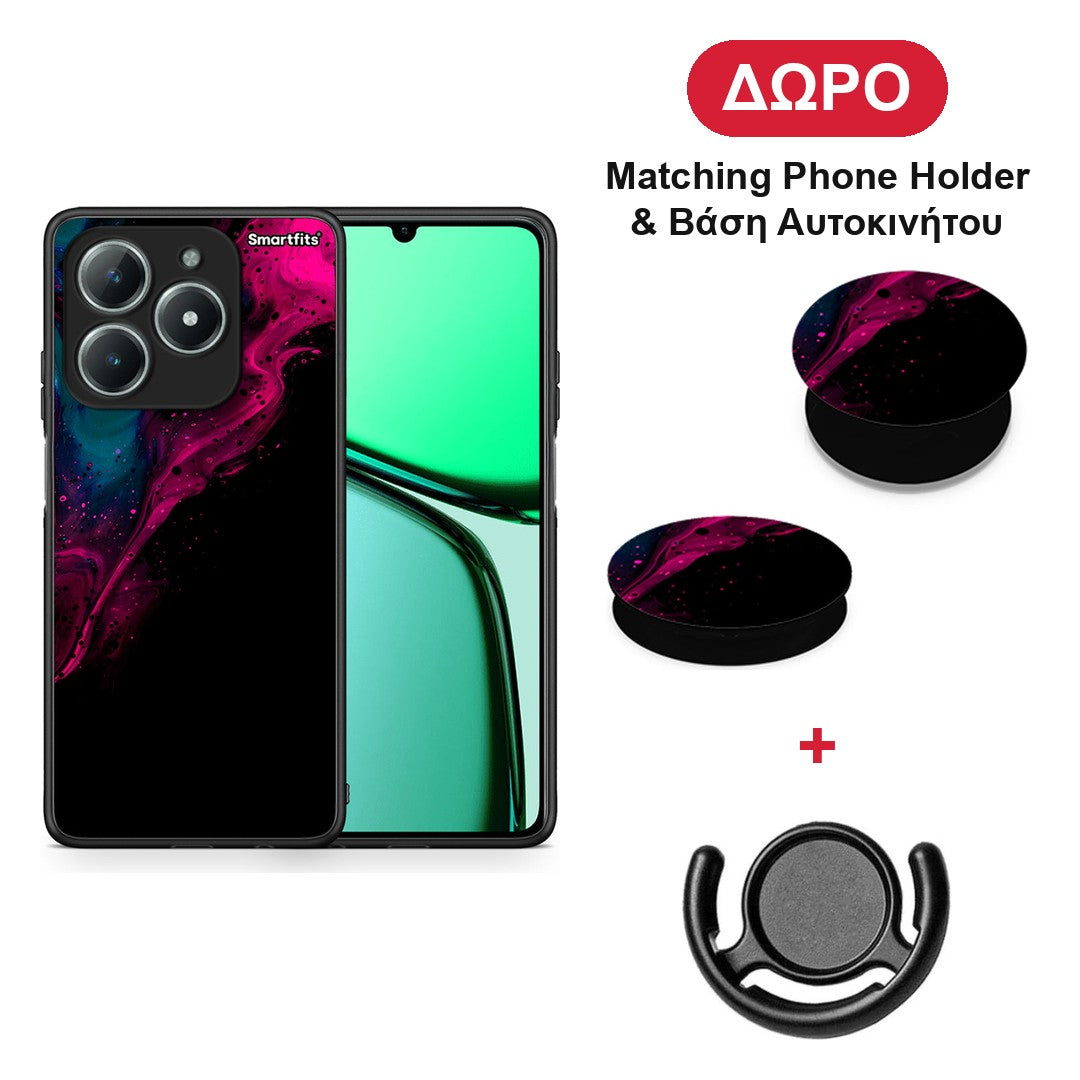 Watercolor Pink Black - Realme C63 4G θήκη + Δώρο Phone Holder & Βάση Αυτοκινήτου