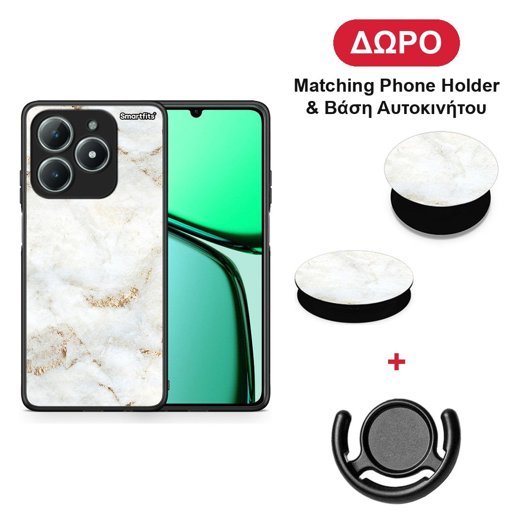 White Gold Marble - Realme C63 4G θήκη + Δώρο Phone Holder & Βάση Αυτοκινήτου