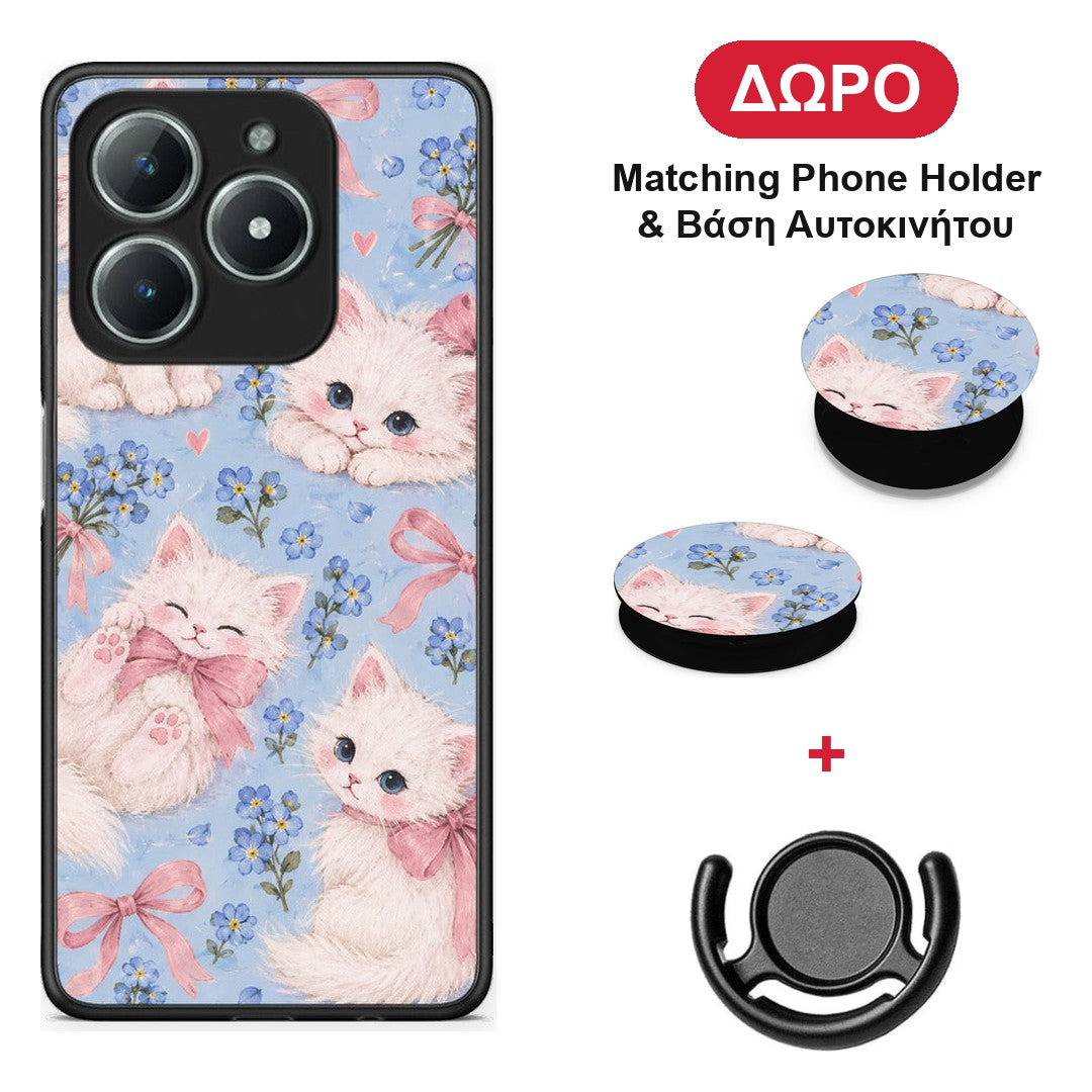 White Kittens and Blue Flowers Large - Realme C63 4G θήκη + Δώρο Phone Holder & Βάση Αυτοκινήτου
