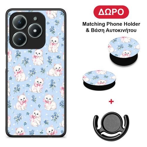 White Kittens and Blue Flowers Small - Realme C63 4G θήκη + Δώρο Phone Holder & Βάση Αυτοκινήτου