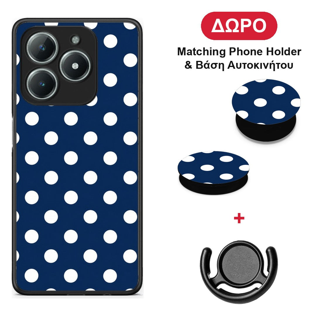 White Large Polka Dots on Navy - Realme C63 4G θήκη + Δώρο Phone Holder & Βάση Αυτοκινήτου