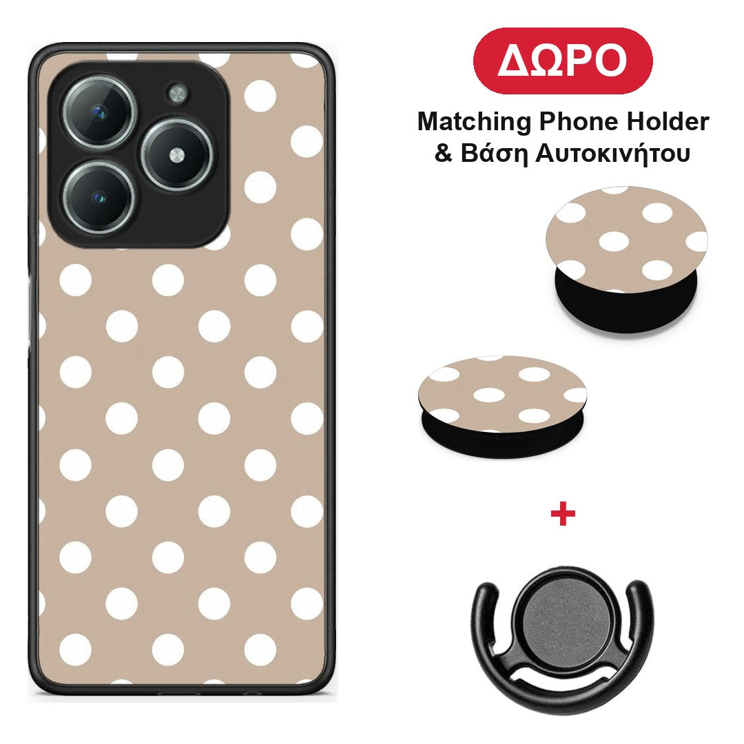 White Polka Dots on Taupe - Realme C63 4G θήκη + Δώρο Phone Holder & Βάση Αυτοκινήτου