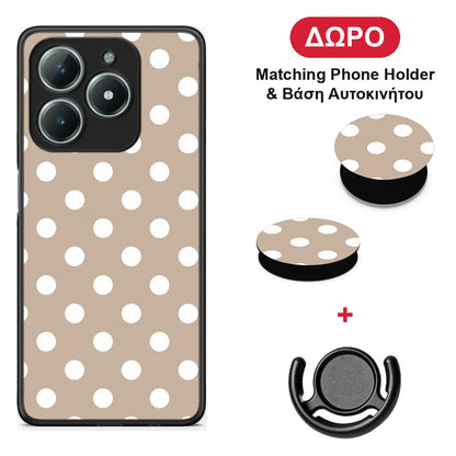 White Polka Dots on Taupe - Realme C63 4G θήκη + Δώρο Phone Holder & Βάση Αυτοκινήτου
