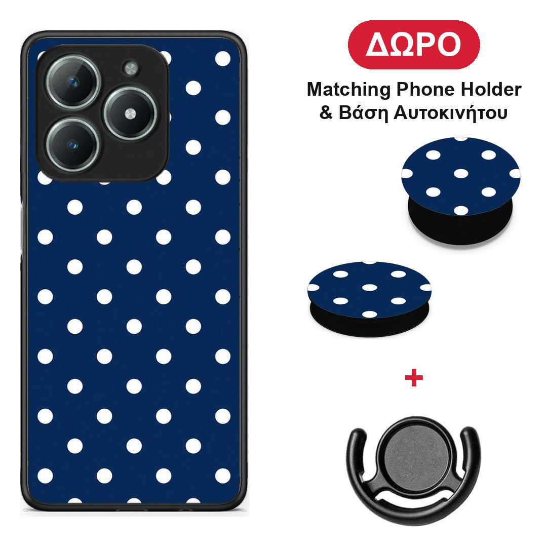 White Small Polka Dots on Navy - Realme C63 4G θήκη + Δώρο Phone Holder & Βάση Αυτοκινήτου