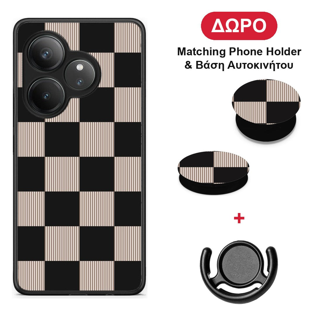 Black and Taupe Striped Checks - Realme GT 6 5G θήκη + Δώρο Phone Holder & Βάση Αυτοκινήτου