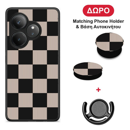 Black and Taupe Striped Checks - Realme GT 6 5G θήκη + Δώρο Phone Holder & Βάση Αυτοκινήτου