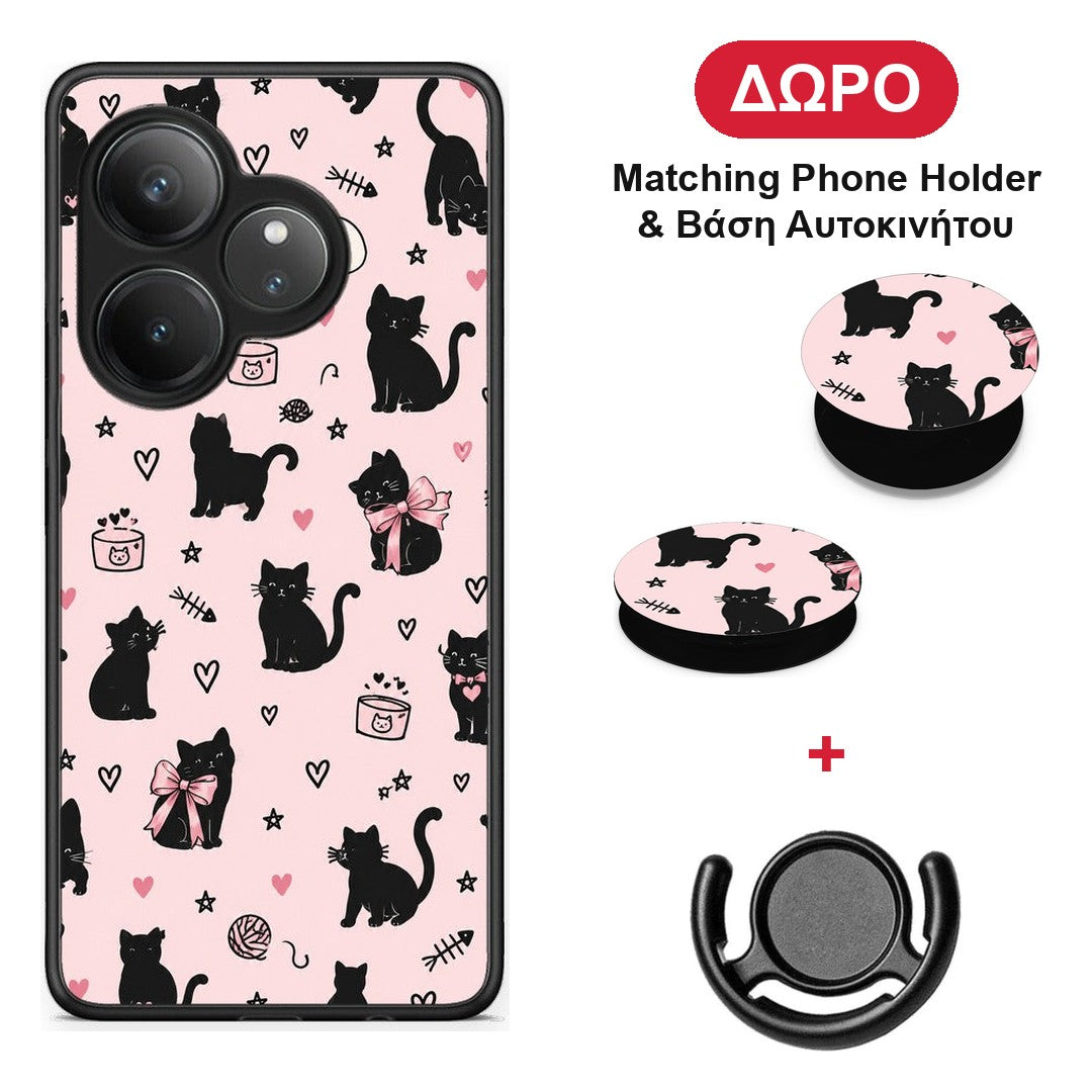 Black Cat Doodles on Pink - Realme GT 6 5G θήκη + Δώρο Phone Holder & Βάση Αυτοκινήτου