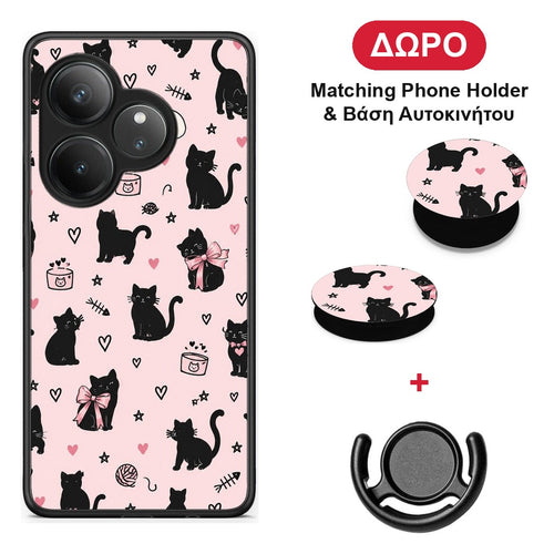 Black Cat Doodles on Pink - Realme GT 6 5G θήκη + Δώρο Phone Holder & Βάση Αυτοκινήτου