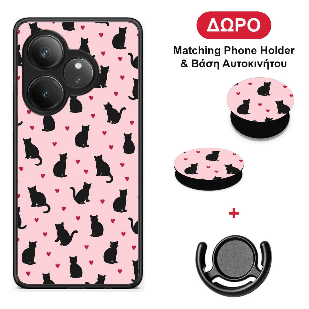 Black Cat Silhouettes and Hearts on Pink - Realme GT 6 5G θήκη + Δώρο Phone Holder & Βάση Αυτοκινήτου