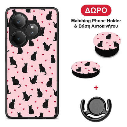 Black Cat Silhouettes and Hearts on Pink - Realme GT 6 5G θήκη + Δώρο Phone Holder & Βάση Αυτοκινήτου