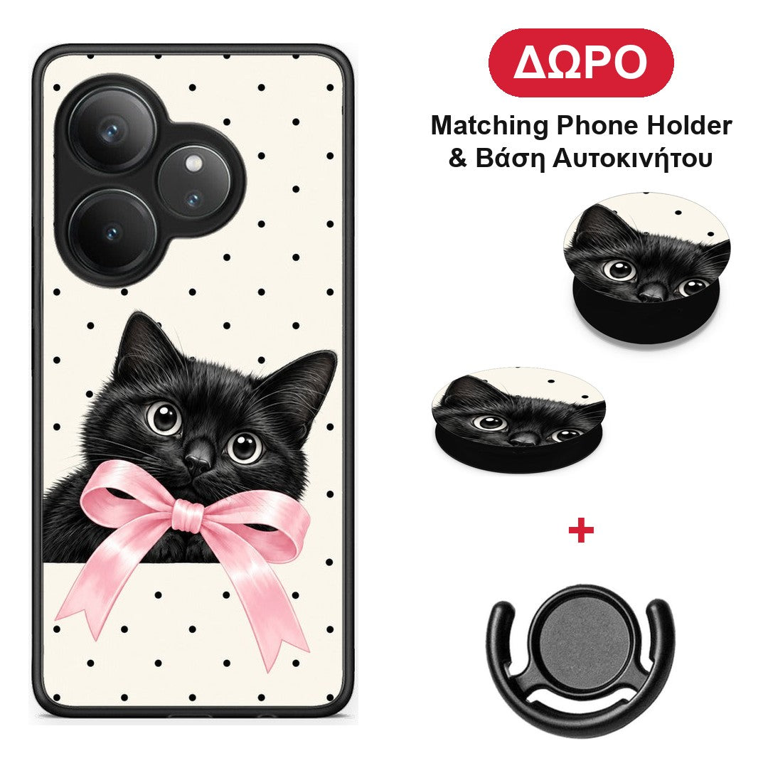 Black Kitten Pink Bow and Polka Dots - Realme GT 6 5G θήκη + Δώρο Phone Holder & Βάση Αυτοκινήτου