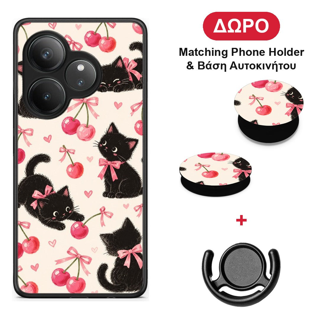 Black Kittens and Cherries on Cream - Realme GT 6 5G θήκη + Δώρο Phone Holder & Βάση Αυτοκινήτου
