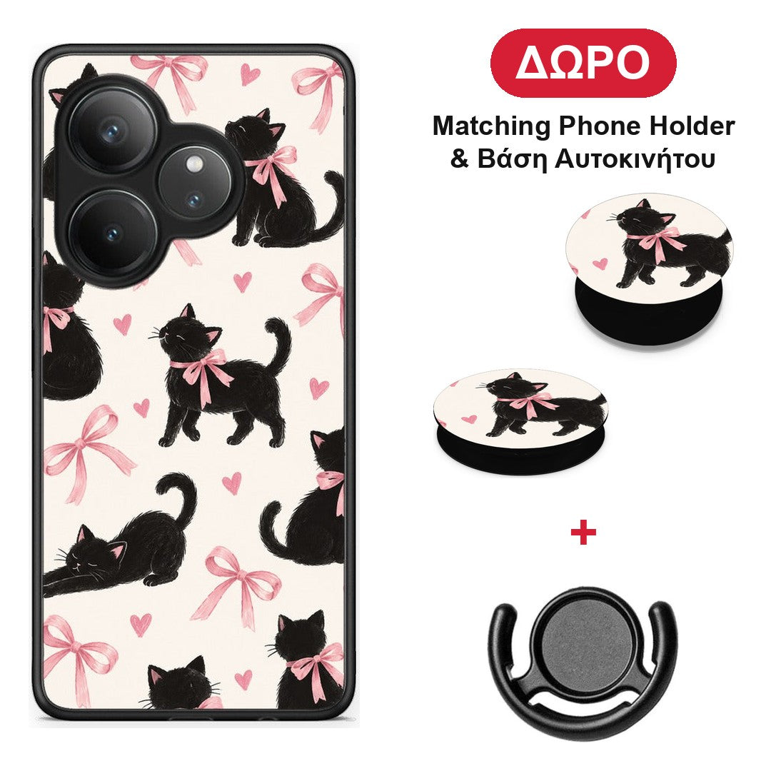 Black Kittens and Pink Bows on Cream Large - Realme GT 6 5G θήκη + Δώρο Phone Holder & Βάση Αυτοκινήτου