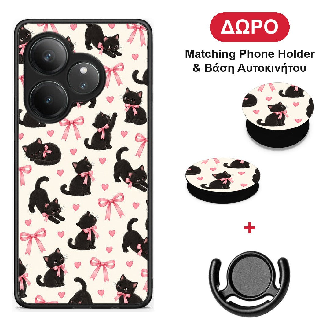 Black Kittens and Pink Bows on Cream Small - Realme GT 6 5G θήκη + Δώρο Phone Holder & Βάση Αυτοκινήτου