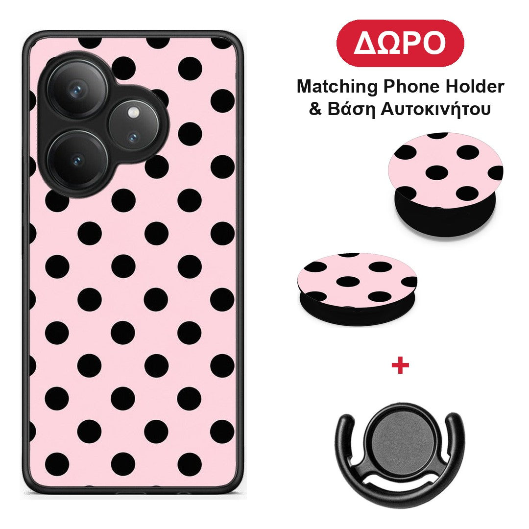 Black Polka Dots on Pink - Realme GT 6 5G θήκη + Δώρο Phone Holder & Βάση Αυτοκινήτου