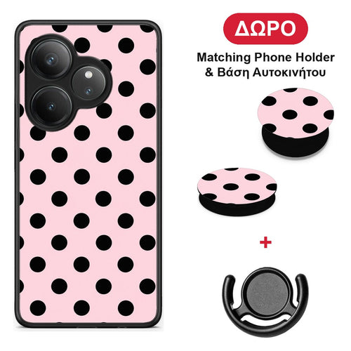 Black Polka Dots on Pink - Realme GT 6 5G θήκη + Δώρο Phone Holder & Βάση Αυτοκινήτου