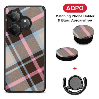 Brown Pink and Blue Diagonal Plaid - Realme GT 6 5G θήκη + Δώρο Phone Holder & Βάση Αυτοκινήτου