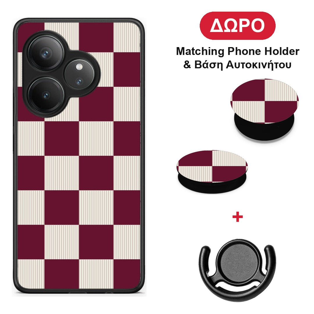 Burgundy and Cream Striped Checks - Realme GT 6 5G θήκη + Δώρο Phone Holder & Βάση Αυτοκινήτου