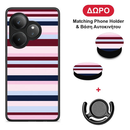 Burgundy Pink and Blue Horizontal Stripes - Realme GT 6 5G θήκη + Δώρο Phone Holder & Βάση Αυτοκινήτου