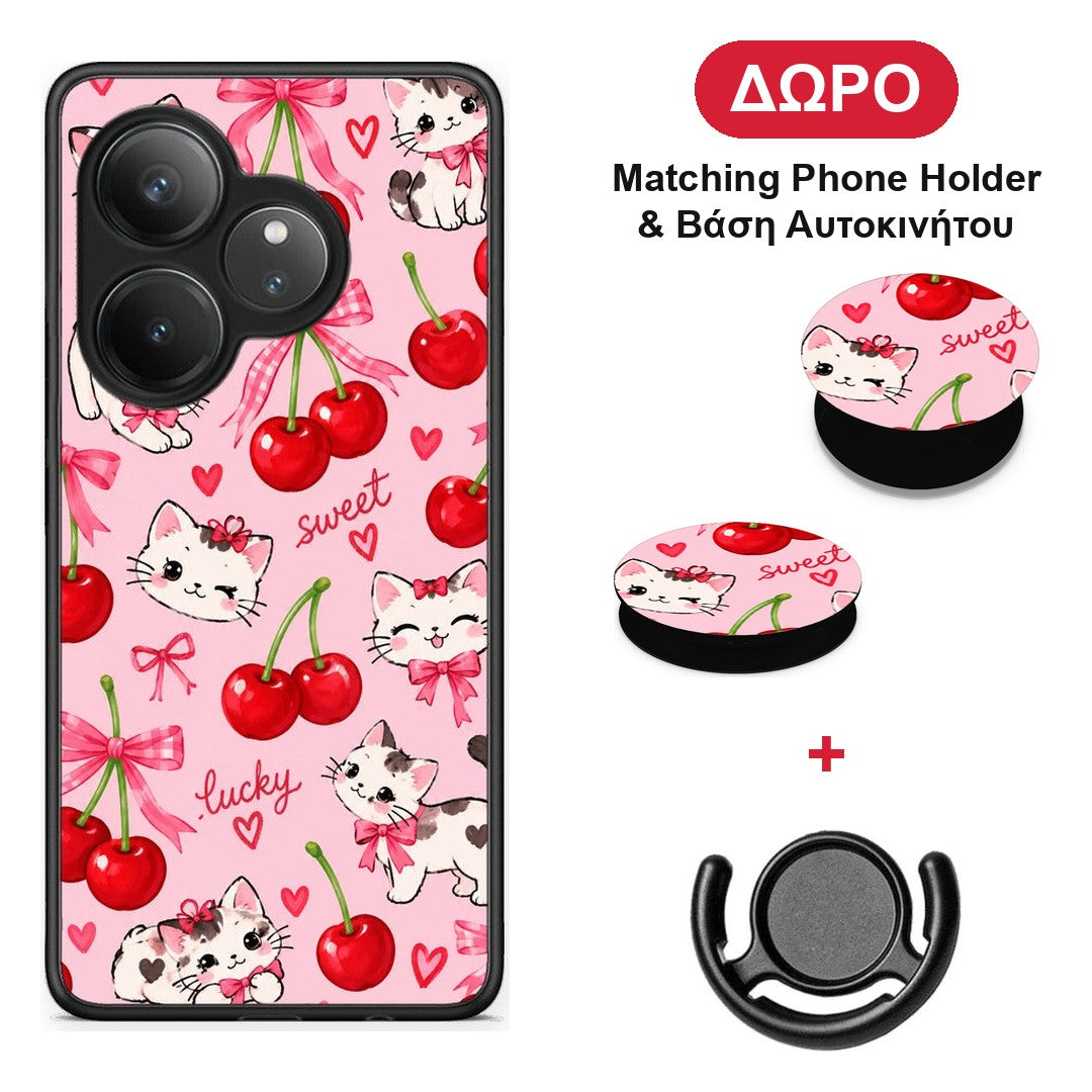Cherries Bows and Kittens on Pink - Realme GT 6 5G θήκη + Δώρο Phone Holder & Βάση Αυτοκινήτου