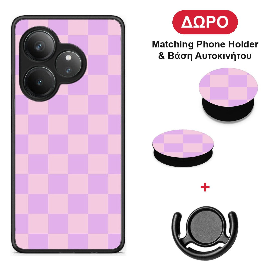 Lavender and Pink Checkerboard - Realme GT 6 5G θήκη + Δώρο Phone Holder & Βάση Αυτοκινήτου