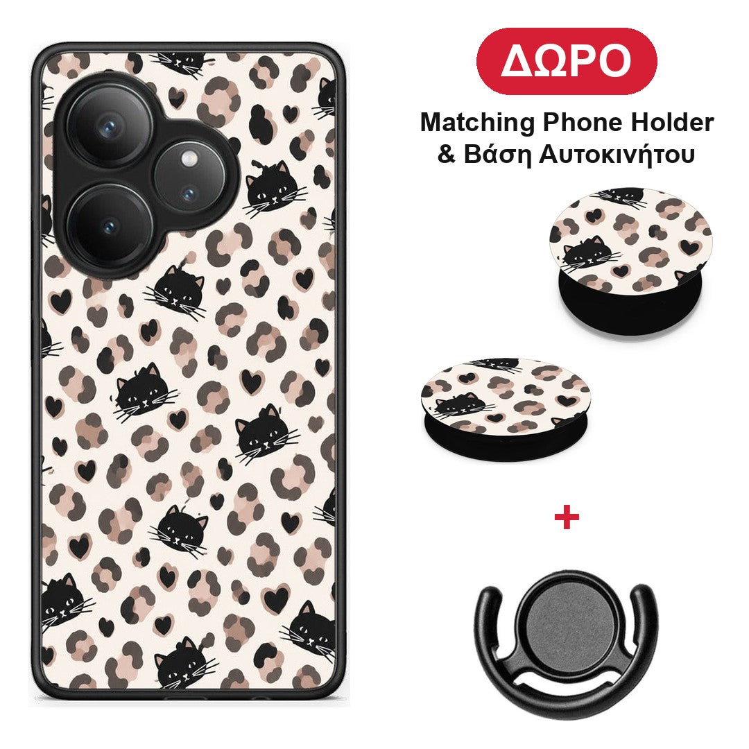 Leopard Spots and Black Cats on Cream - Realme GT 6 5G θήκη + Δώρο Phone Holder & Βάση Αυτοκινήτου