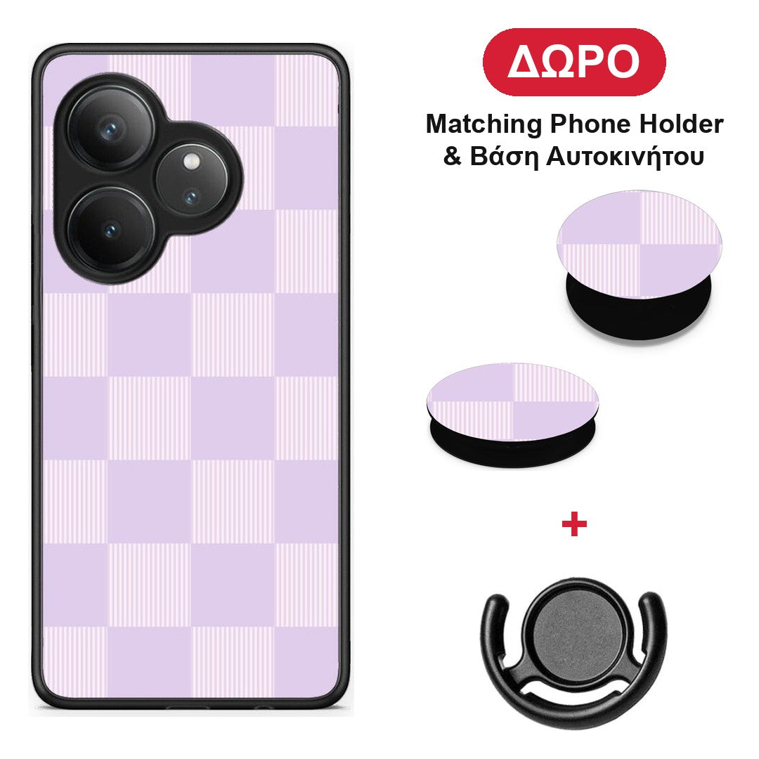 Lilac and Cream Striped Checks - Realme GT 6 5G θήκη + Δώρο Phone Holder & Βάση Αυτοκινήτου