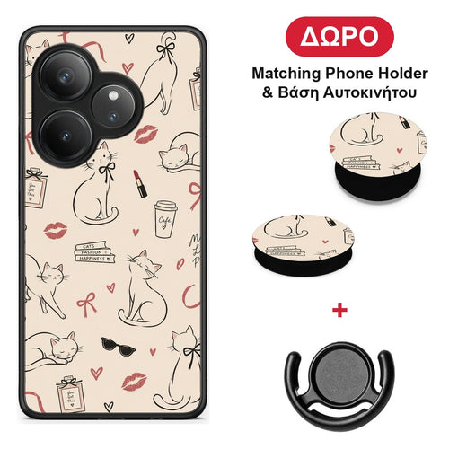 Minimal Cat and Fashion Doodles on Cream - Realme GT 6 5G θήκη + Δώρο Phone Holder & Βάση Αυτοκινήτου