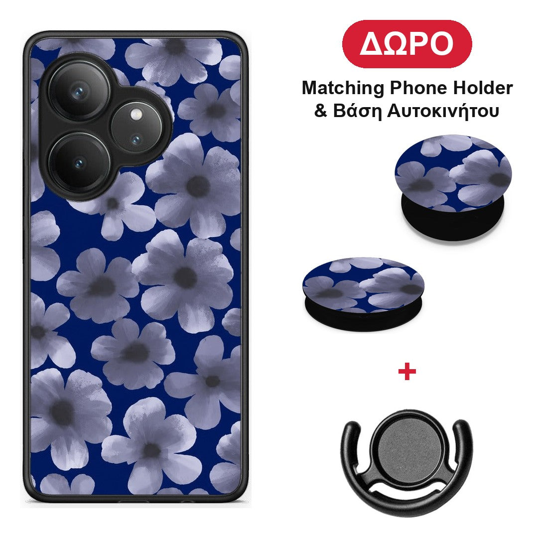 Pale Blue Flowers on Navy - Realme GT 6 5G θήκη + Δώρο Phone Holder & Βάση Αυτοκινήτου