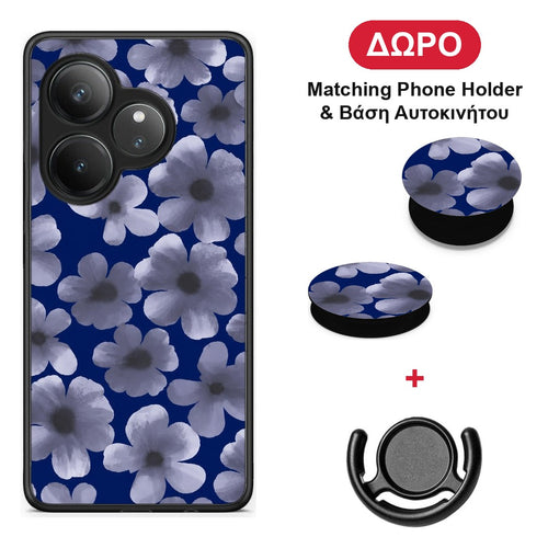 Pale Blue Flowers on Navy - Realme GT 6 5G θήκη + Δώρο Phone Holder & Βάση Αυτοκινήτου