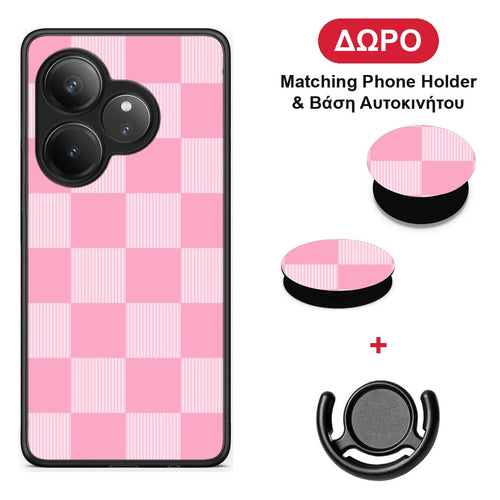Pink and White Striped Checks - Realme GT 6 5G θήκη + Δώρο Phone Holder & Βάση Αυτοκινήτου