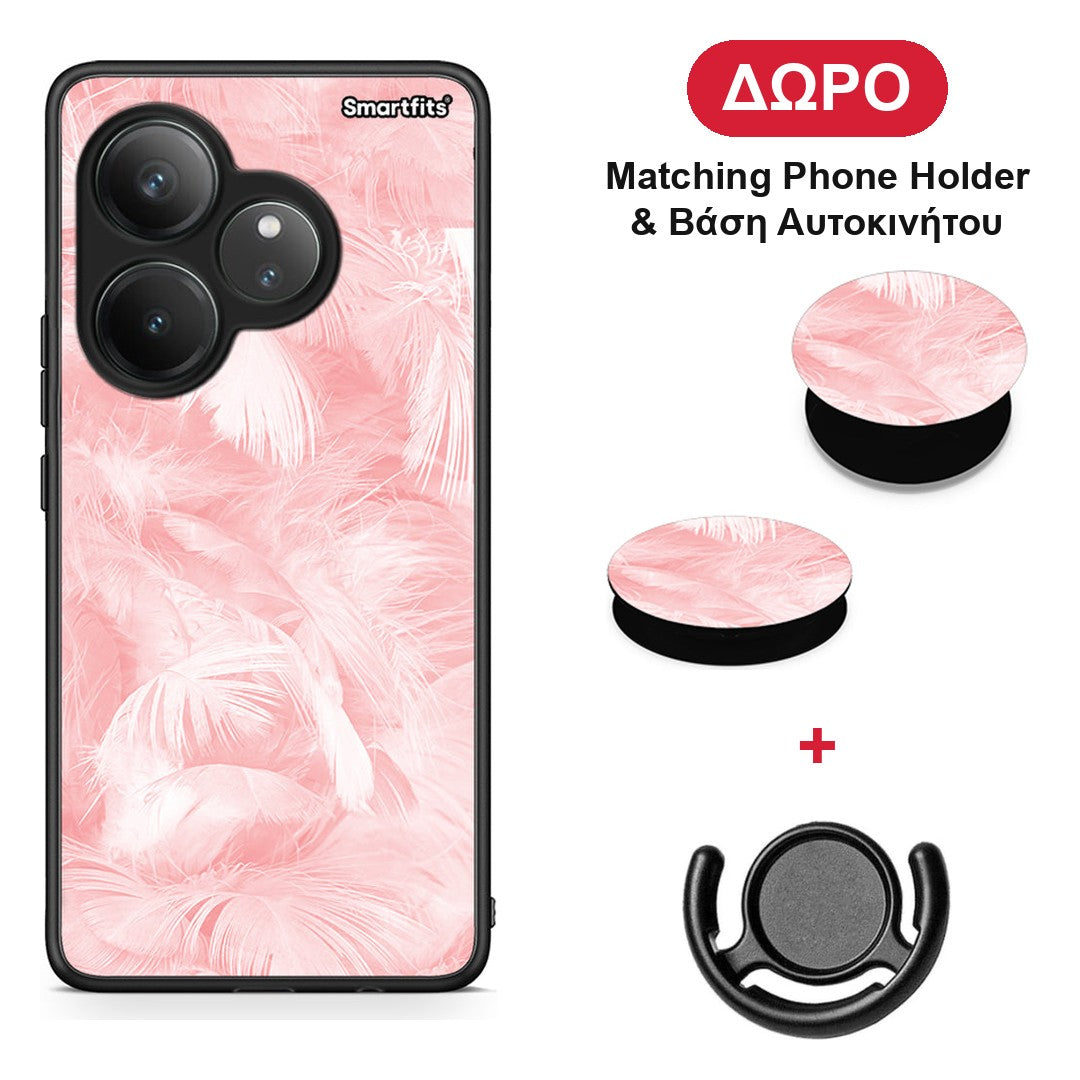 Boho Pink Feather - Realme GT 6 5G θήκη + Δώρο Phone Holder & Βάση Αυτοκινήτου