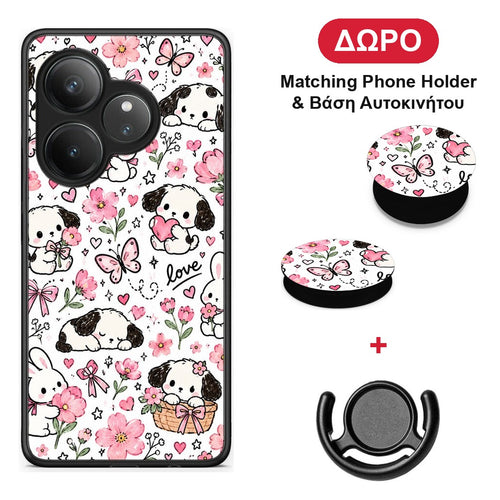 Pink Florals Puppies and Bunnies on White - Realme GT 6 5G θήκη + Δώρο Phone Holder & Βάση Αυτοκινήτου