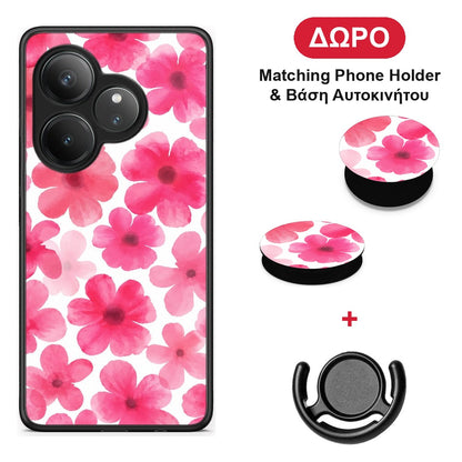 Pink Watercolour Flowers on White - Realme GT 6 5G θήκη + Δώρο Phone Holder & Βάση Αυτοκινήτου
